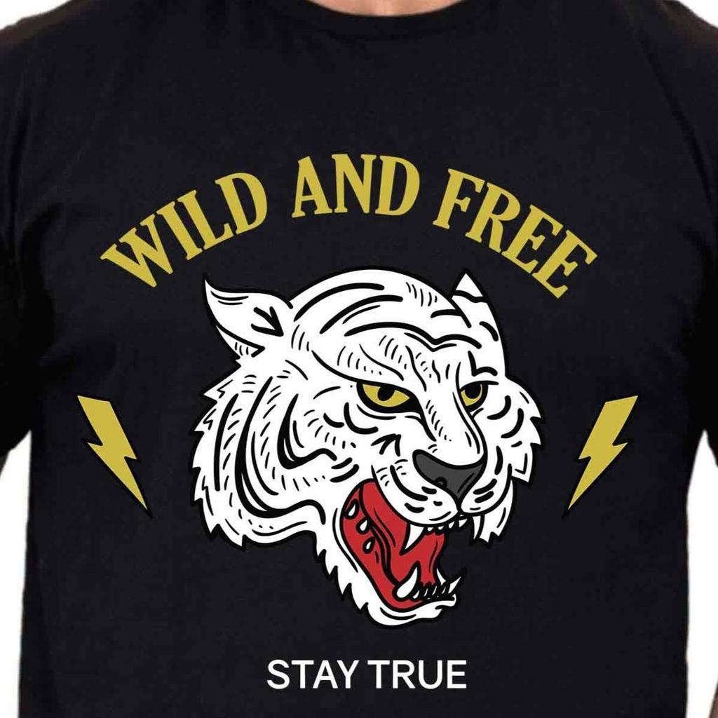 Wild And Free Tiger Head Lightning Bolt Traditional Tattoo Wear Graphic T-Shirt.