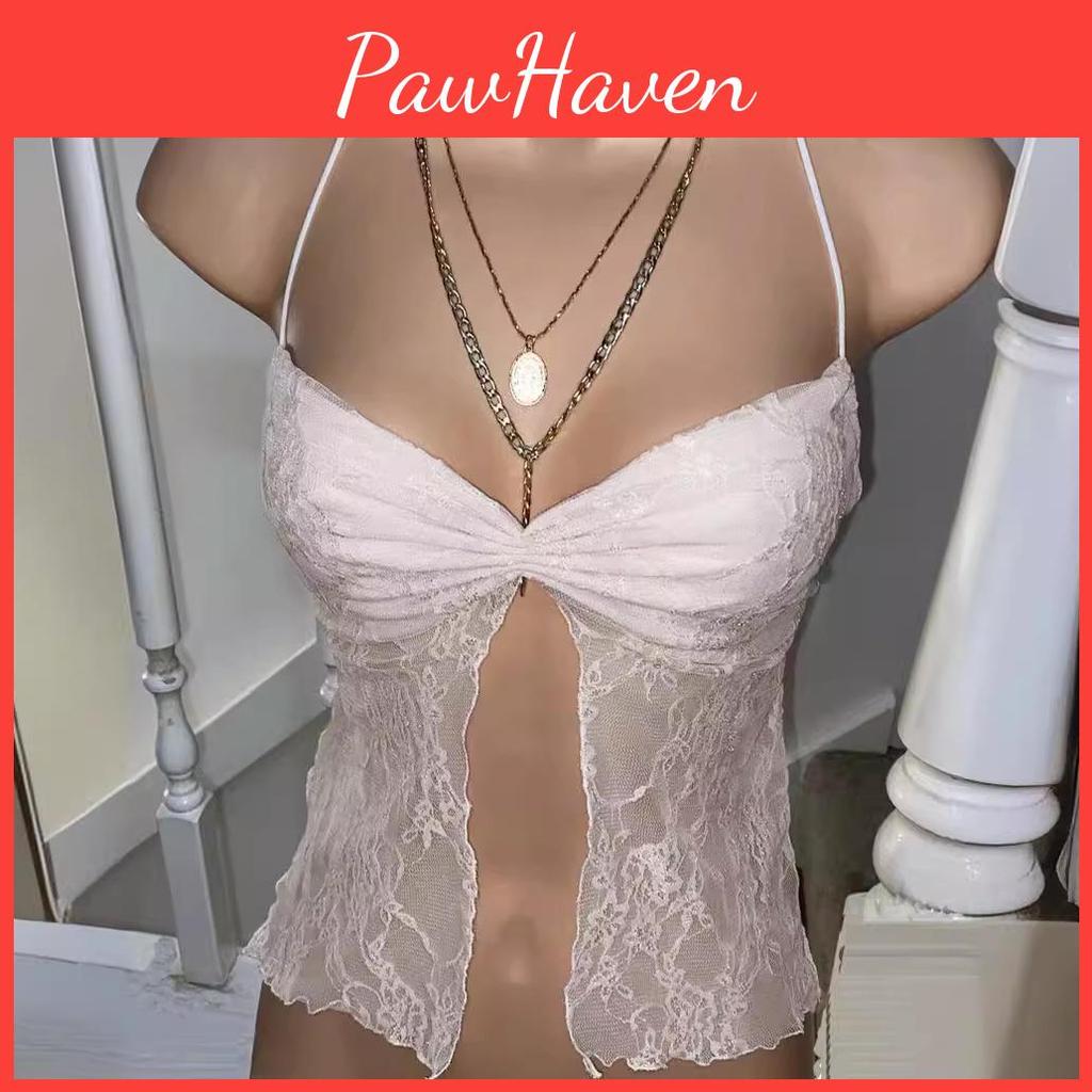 Halter 2023 Summer Lace Pleated Crop Top