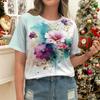 Женская футболка с цветочным принтом розового фиолетового синего цвета - повседневный летний стиль с коротким рукавом и акварельным рисунком