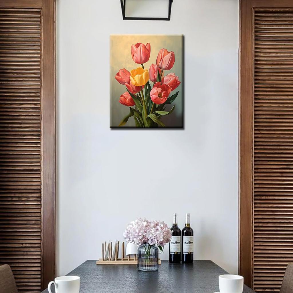 Tulip DIY Paint by Numbers for Adults Flower Leaves DIY Digital Oil Painting Acrylic Paint Leisurely Painting Kits Canvas Wall Art Colorful Flower