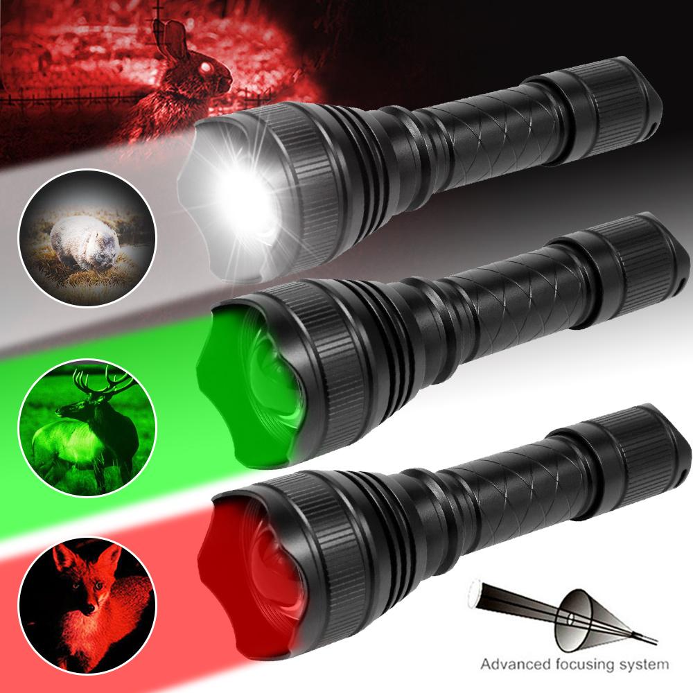 500 Yards Zoomable Flashlight Red/Green/White Hunting Torch 1 Mode High+Remote Pressure Switch+Rifle Scope Mount+18650+Charger
