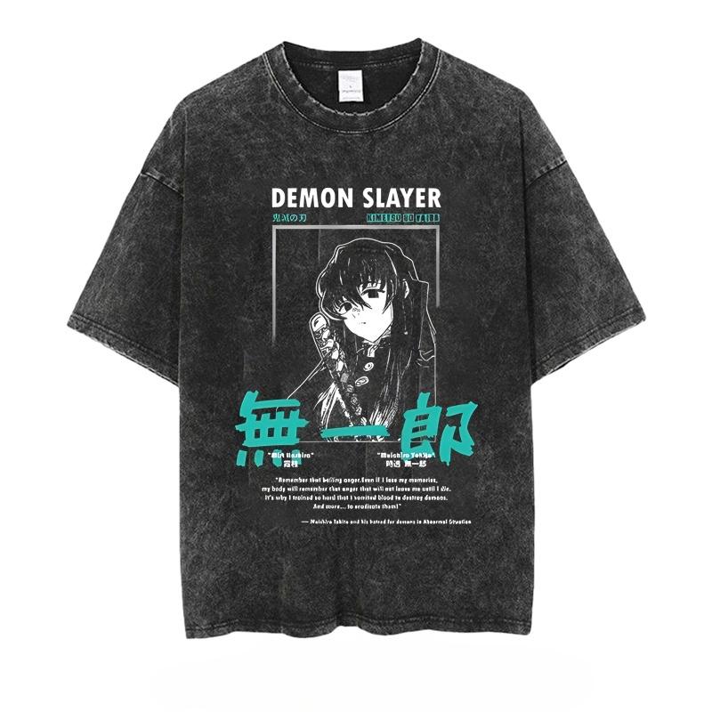 2026 new Demon Slayer Vintage Washed T-Shirt, Anime Graphic Streetwear Casual Oversized Cotton Tee for Men Women, Summer
