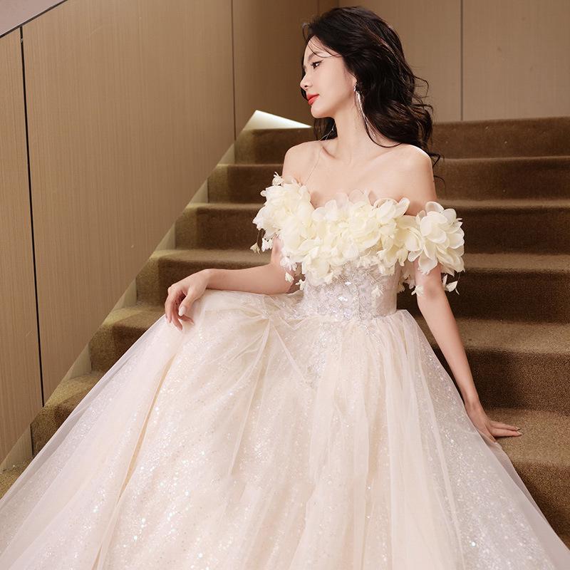 One-word shoulder champagne evening dress women's 1011 new high-end birthday party bar mitzvah graduation performance host