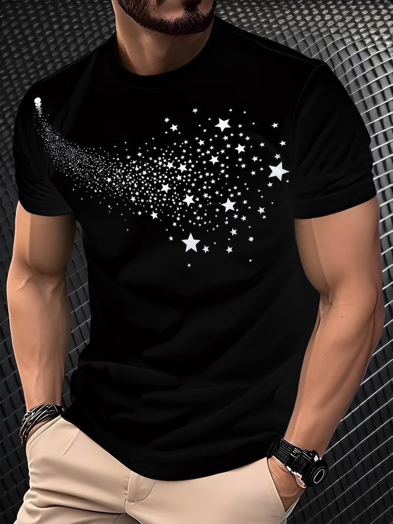 Easy Starry Sky Style! A Black Short-Sleeve T-Shirt with a Meteor And Star Print, a Perfect Gift