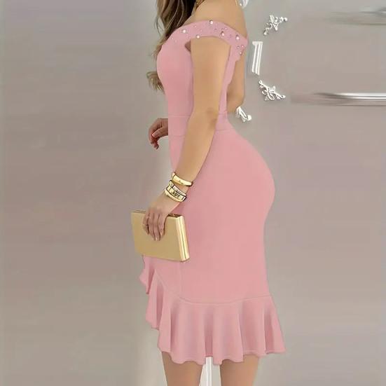 Вечернее платье с открытыми плечами, без рукавов, с неровным оборчатым подолом, облегающее, однотонное, с искусственным жемчугом, миди-платье для выпускного вечера, свадьбы