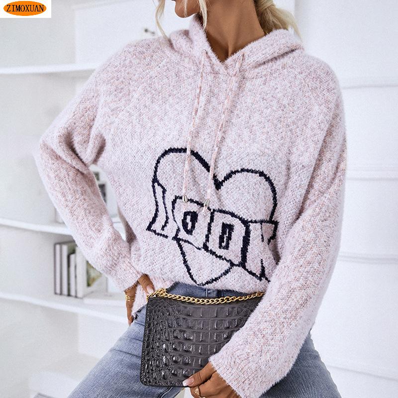 ZIMOXUAN Женский вязаный свитер с капюшоном и шнурком, вышивкой букв и длинными рукавами для повседневной носки