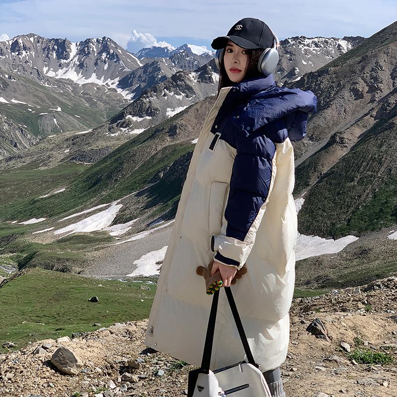 Зимняя контрастная цветная куртка с хлопковой подкладкой из пуха, женское пальто, длинная одежда в стиле хлеба, корейская парка с капюшоном, свободного кроя, толстая, теплая