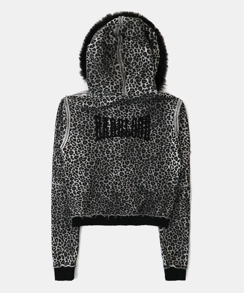 Badblood Raw Edge Detachable Fur Hooded Zip-Up Slim Fit - White Leopard