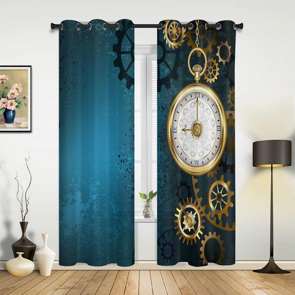 Retro Mechanical Gear Clock Blue Hall Curtains Living Room Kitchen Boy Girl Bedroom Long Window Curtain Cortinas Home Decor Polyester Ideal For