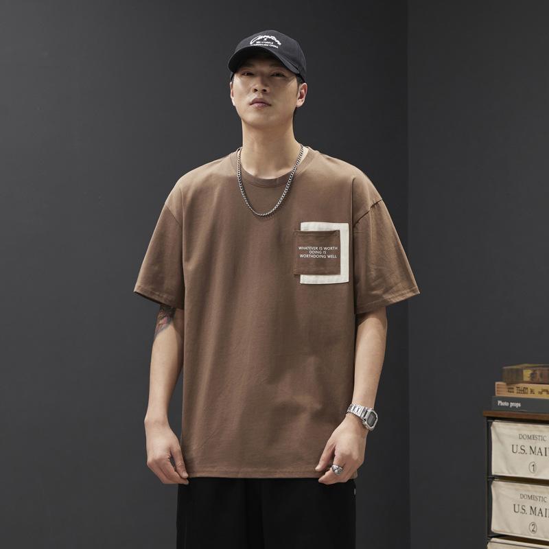 Summer Cotton Short Sleeved T-shirt Men's Half Sleeved Base Shirt Pocket Printed Loose Top