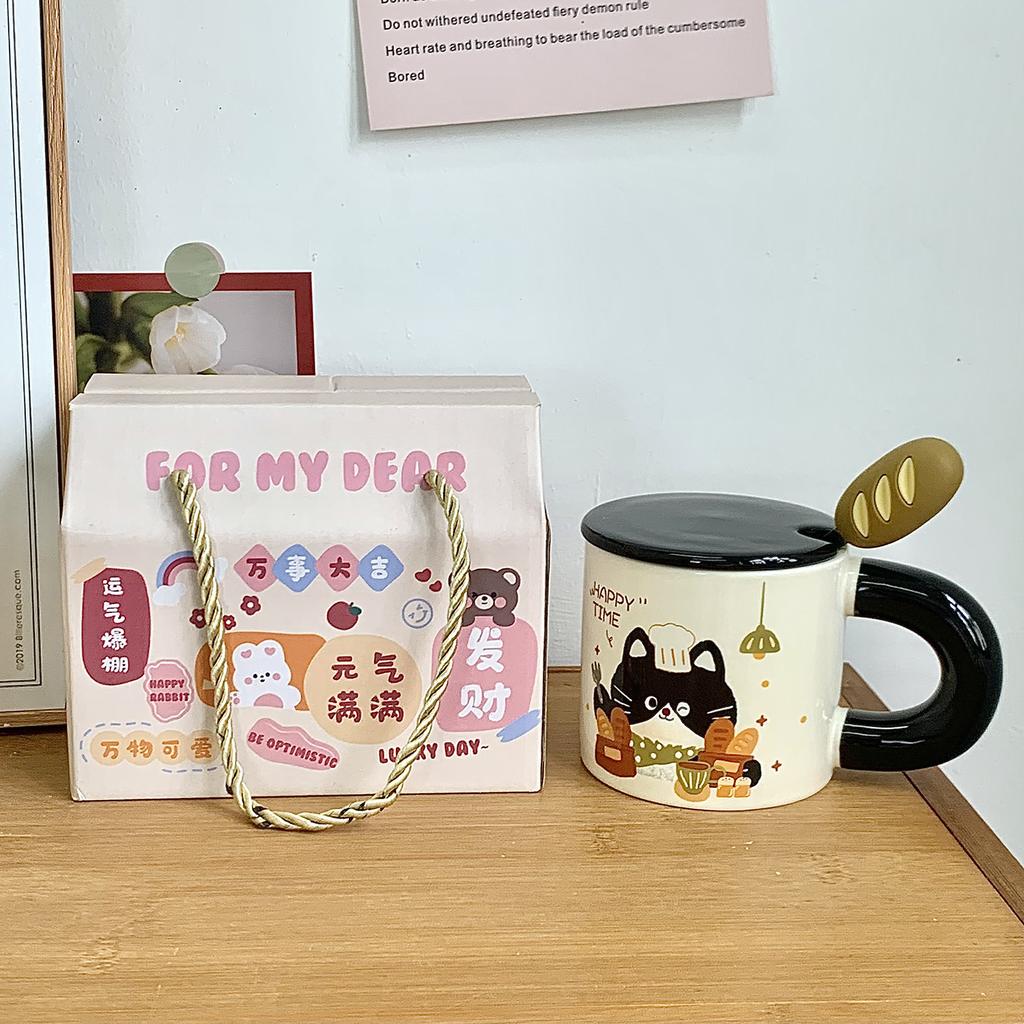 Кружка-котенок с крышкой и ложкой, большая керамическая чашка для девочек, офисная чашка для воды, чашка для кофе, чашка для завтрака, для мужчин