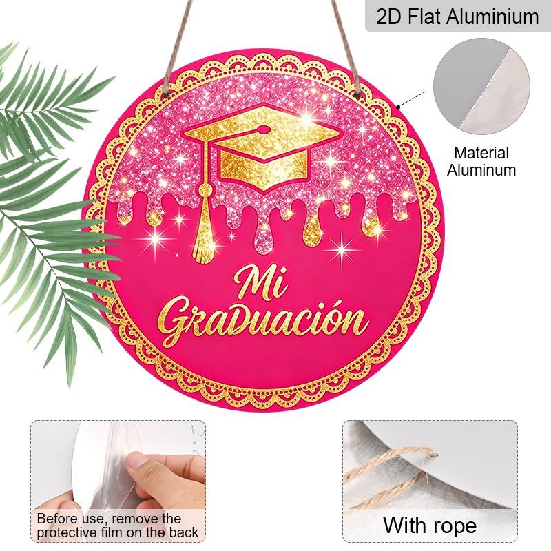 2D Flat Aluminum Graduation-themed Wall Hanging, Available in Multiple Sizes, Featuring A Spanish-style Pink and Gold Glitter Graduation Cap Design
