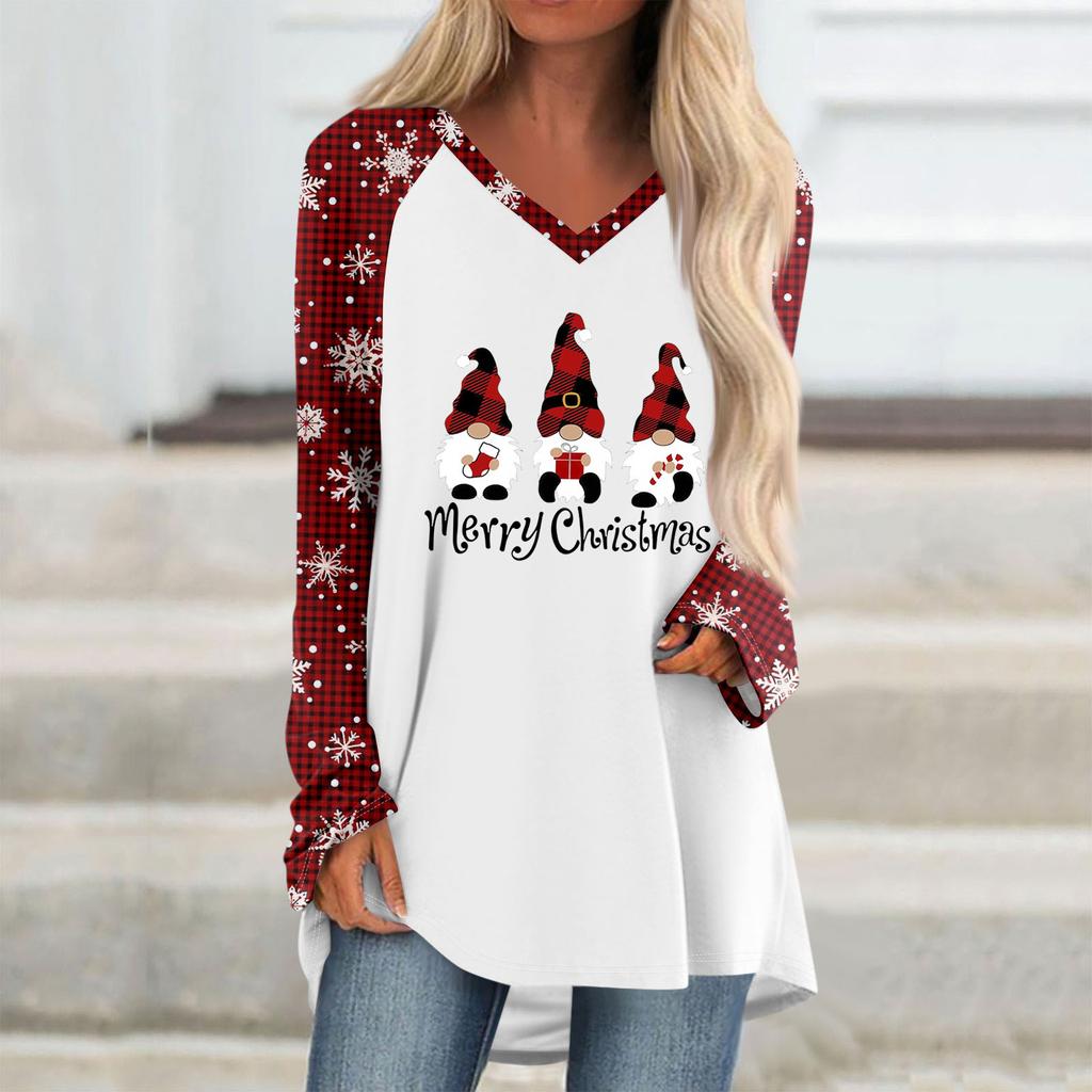 Женская и зимняя футболка с длинными рукавами и V-образным вырезом с рождественским принтом, повседневная длинная свободная футболка