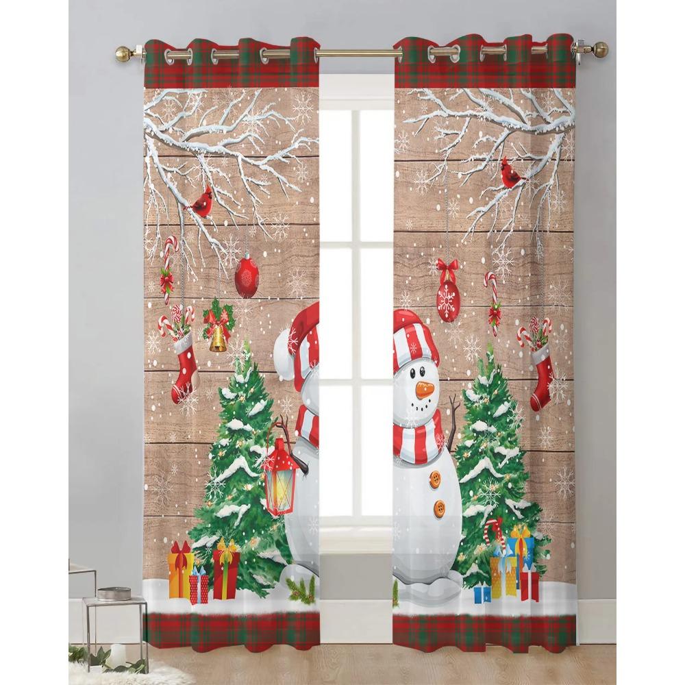 Christmas Tree Snowman Snowflake Gift Wood Grain Voile Curtains Bedroom Tulle Window Curtain Living Room Sheer Curtains Drapes