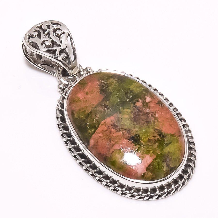Natural Unakite Gemstone Handmade 925 Solid Sterling Silver Pendant 1.77" M6B26