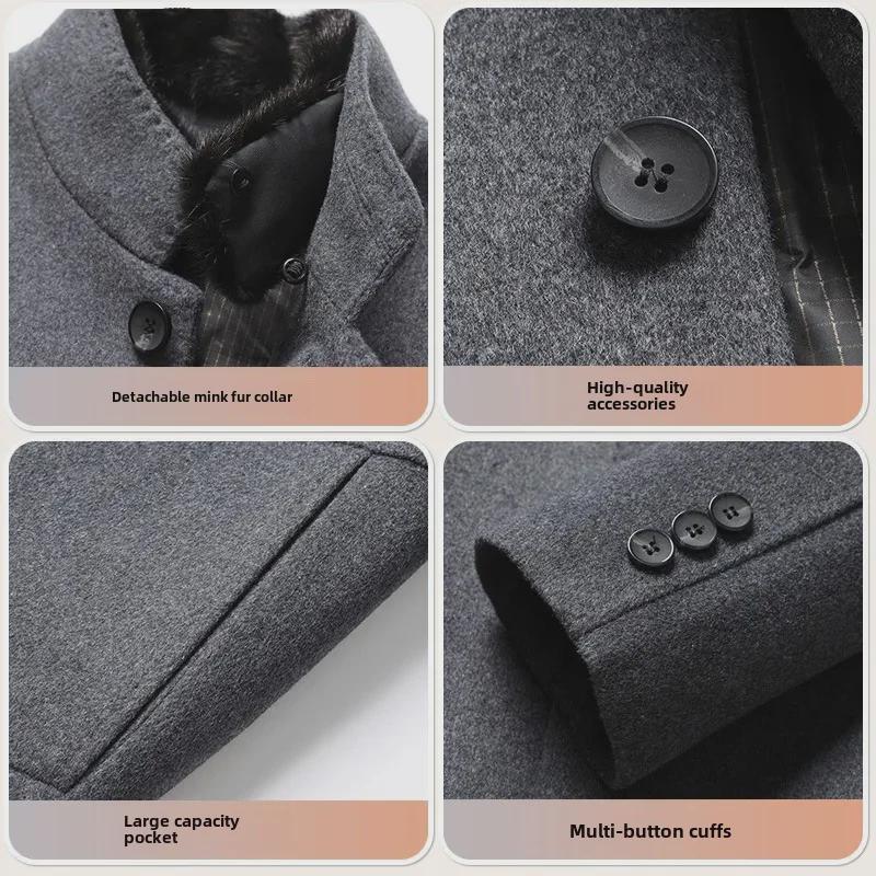 Мужское шерстяное пальто средней длины с мехом норки, съемной подкладкой из гусиного пуха и воротником-стойкой