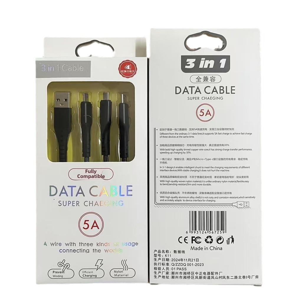 3 в 1 кабель для быстрой зарядки 5A плетеный USB-кабель с разъемом Lightning Type-C Micro USB совместимый с телефонами iPhone Android универсальный зарядный шнур 1,2 м