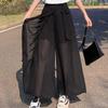 Women's Summer Black Ice Silk Flowy Culottes - High Waist 9/10 Length Beach Casual Pants