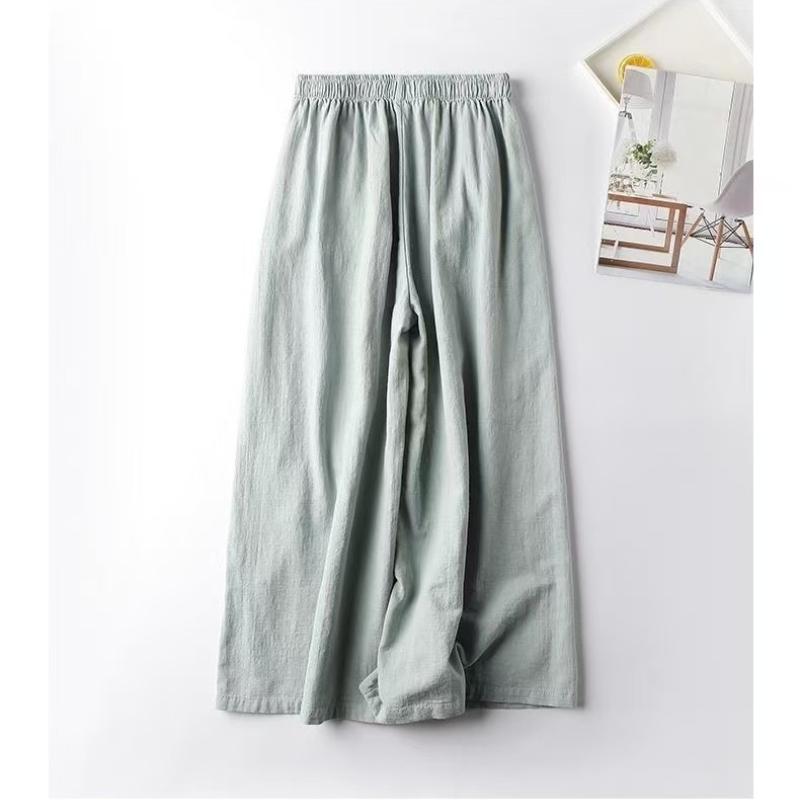 2025 Spring and Summer Cotton and Linen Retro Ethnic Style Embroidered Wide-leg Pants Versatile and Thin Nine-minute Pants