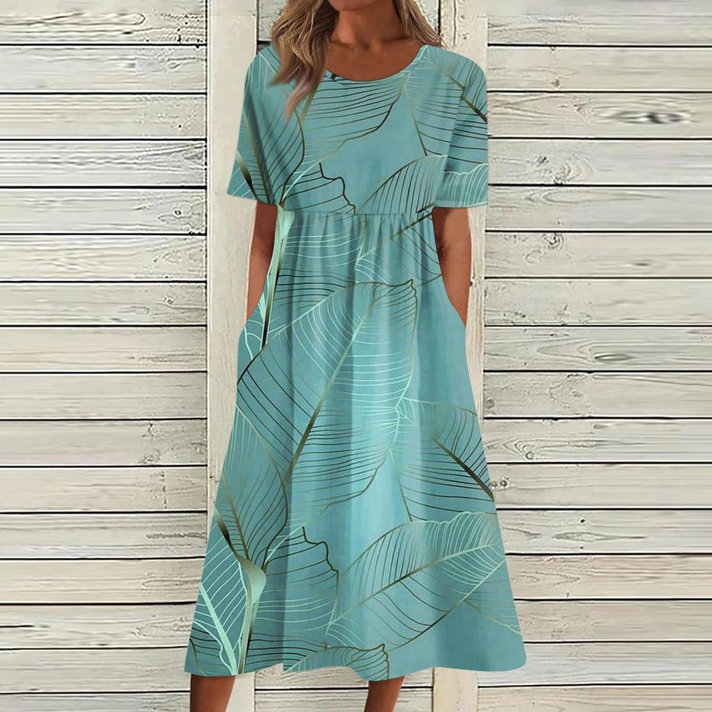 Women's Casual Dresses Printed Dresses Summer Dresses Printed Pleated Round Neck Midi Dresses Basic Classic Outdoor Daily Short Sleeve Loose Dresses