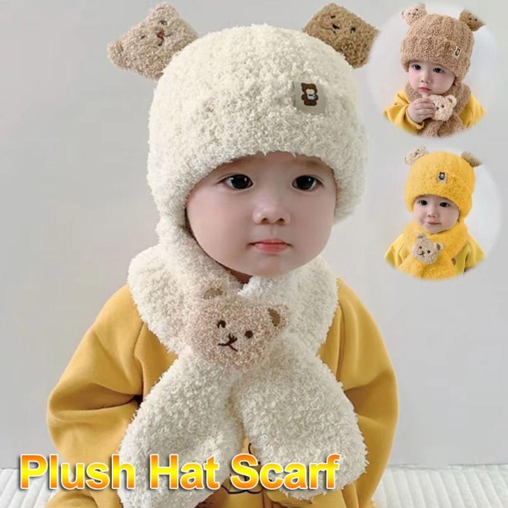 Korean Style Bear Scarf Hat Set Cute Kids Crochet Hat Children's Ear Protection Hat Outdoor