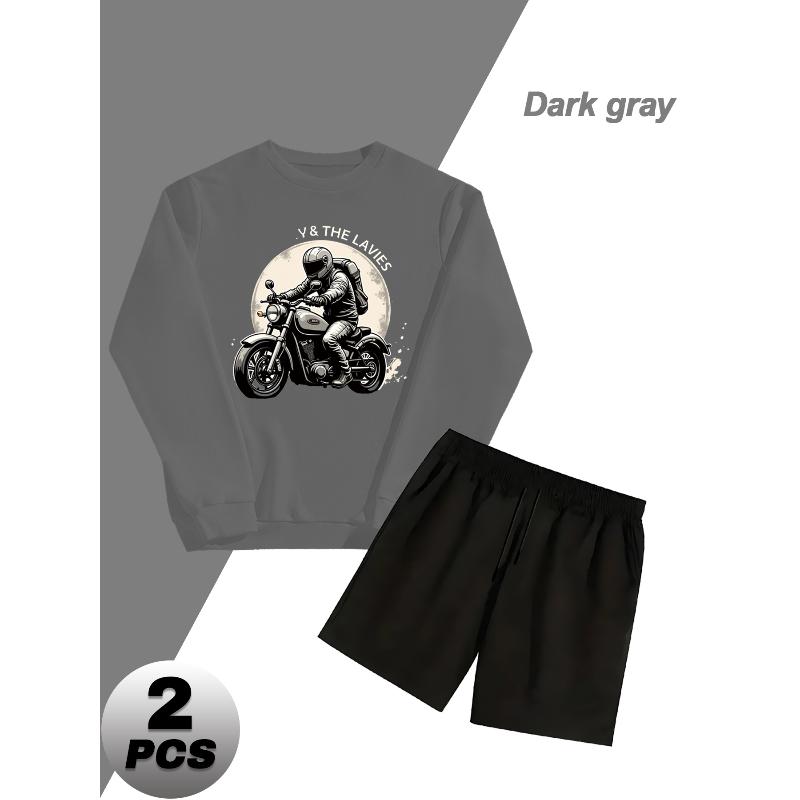 Crew Neck Sweatshirt Polyester 2 Piece Set with Relaxed Fit Shorts Gym Running Outdoor Casual Wear