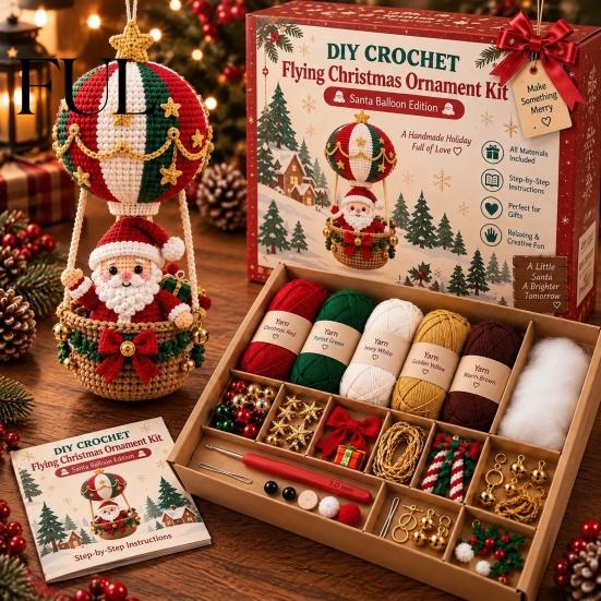 Hand Knitted Hot Air Balloon Ornaments Christmas Crochet Kit, Hanging Ornament DIY Craft Set Festive Kit for Adults, Handmade Tree Decoration Starter