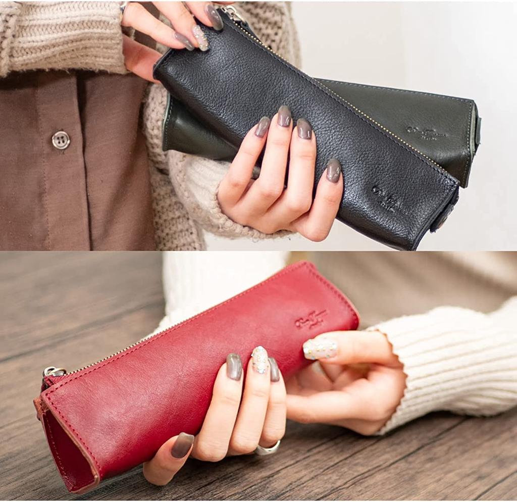 Dom Teporna Genuine Leather Pencil Case, Slim, Stylish, Italian Leather, Smooth Zipper, Small, Holds Fountain Pens, Stationery, Green