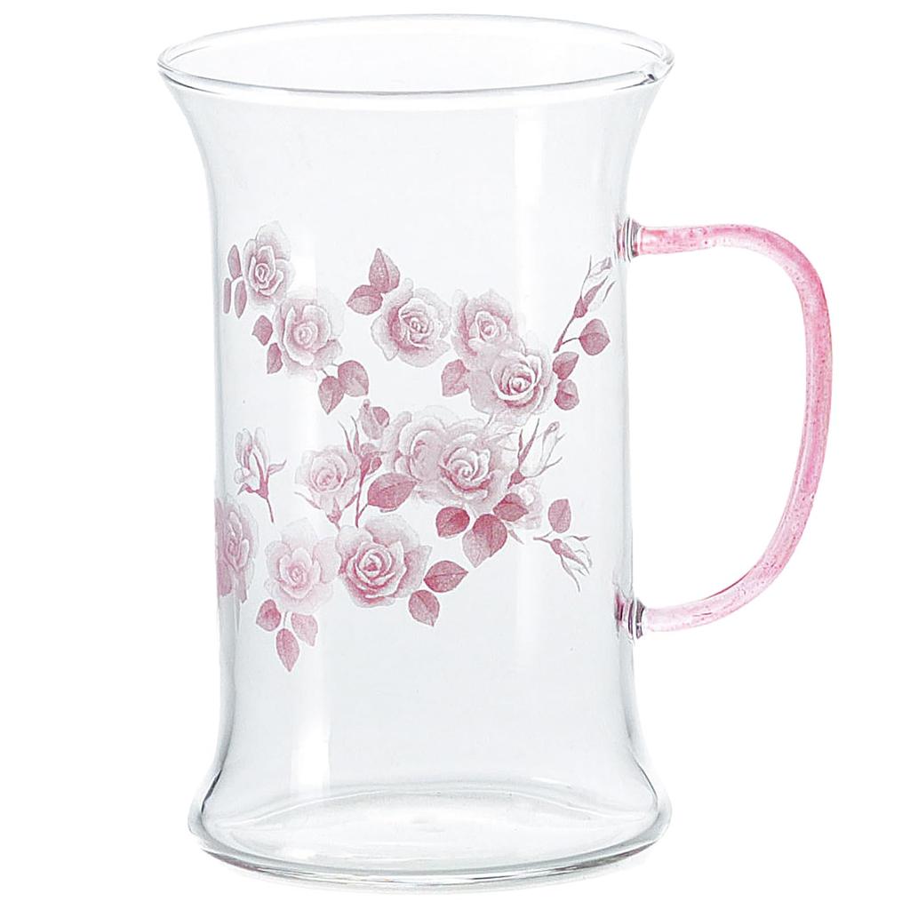 Otsuka Glass "Pink Rose" Mug, Heat-Resistant Glass, Approx. 250ml, Rose Floral Design, Clear, Microwave and Dishwasher Safe, Made In Japan, 49P155