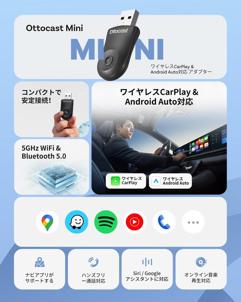 OTTOCAST Mini 2025 Новейший беспроводной адаптер CarPlay/Android Auto, Мини-адаптер, совместимый с оригинальным проводным CarPlay/Android