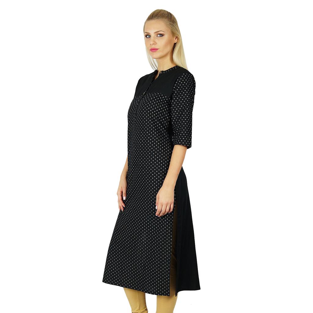 Bimba Women Chic Style Custom Kurta Black Printed Top Tunic Boho 3 4 Sleeve Placket