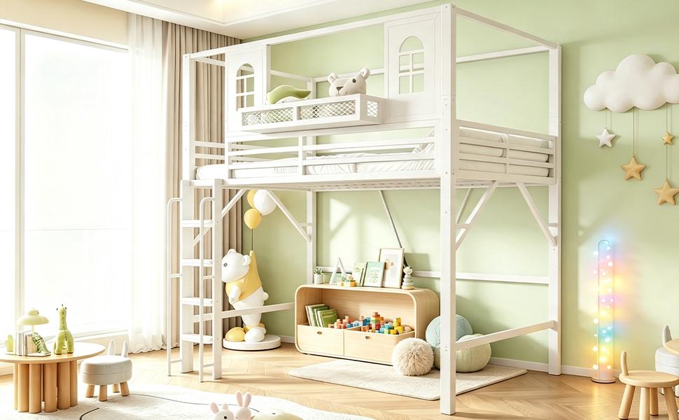 Children's Loft Bed 90 x 200 cm with Roof Design, Metal Bunk Bed with Safety Ladder, Storage Compartment, Multifunctional, for Youth Rooms White