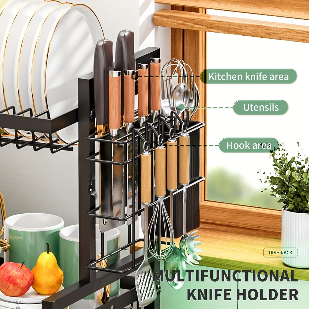 2-Tier Dish Rack with Utensils Holders, Cutting Board Holder, Anti-Rust Cutlery Holder and Drainboard for Kitchen Countertop