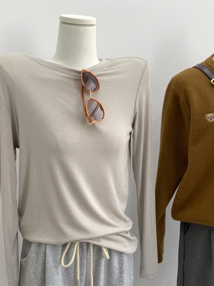 Women's Glutinous Rice Crew Neck Long Sleeve Soft T-Shirt - Spring Friendly, Solid Color, Drapey Base Layer.