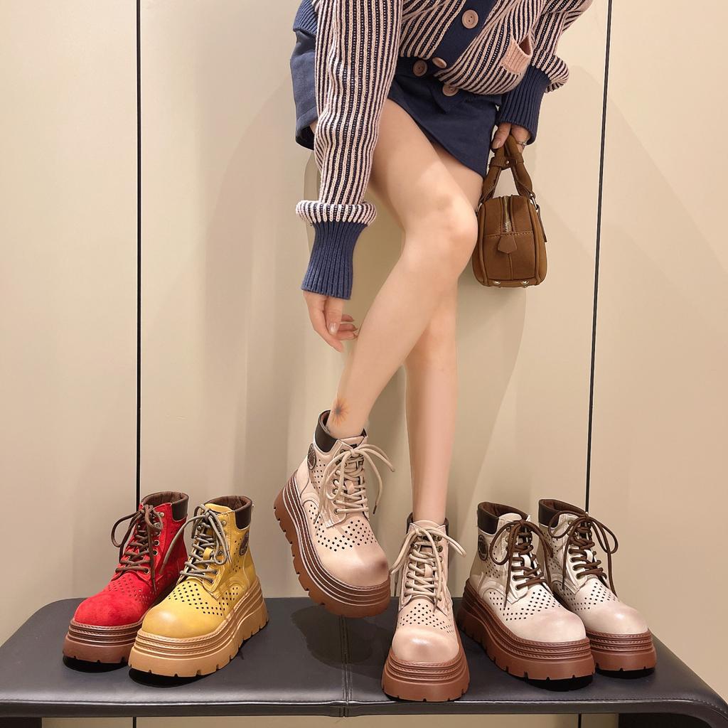 Thick-soled Hollow Rhubarb Boots Women's Martin Boots 2025 Summer, Autumn and Winter New Popular Short Tube Versatile Short Boots Single Boots