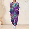 Women Plus Size V Neck Long Sleeve Butterfly Printed Navy Blue Scrub Set With Pockets Two Piece