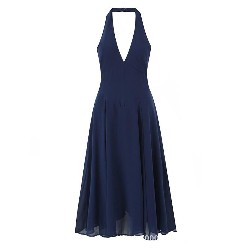 House Style French Vintage Halter V-Neck Sexy Backless Chiffon Maxi Dress Women