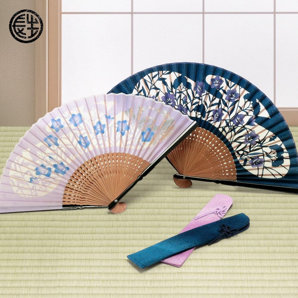 Stylish Folding Business with Folding Case and Flower Frame Openwork [Osaka Choseido] Women's Fan, Style, Handkerchief, (Pink Bellflower) (Purple)