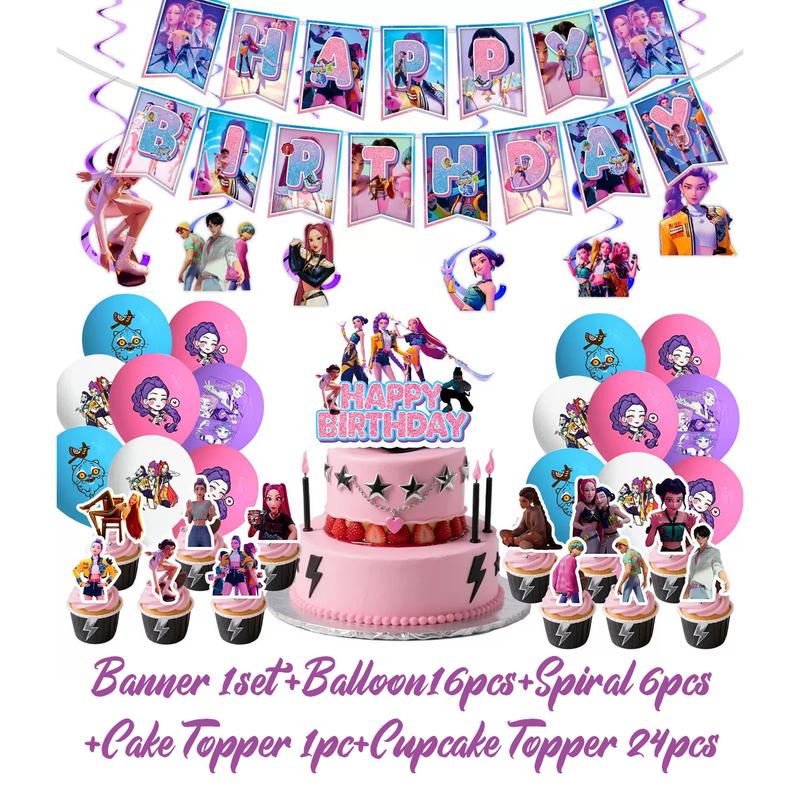 KPop Girl Demon Hunter Birthday Party Decorations Purple Disposable Tableware Anime Pink Balloons Backdrop Banner Cake Toppers