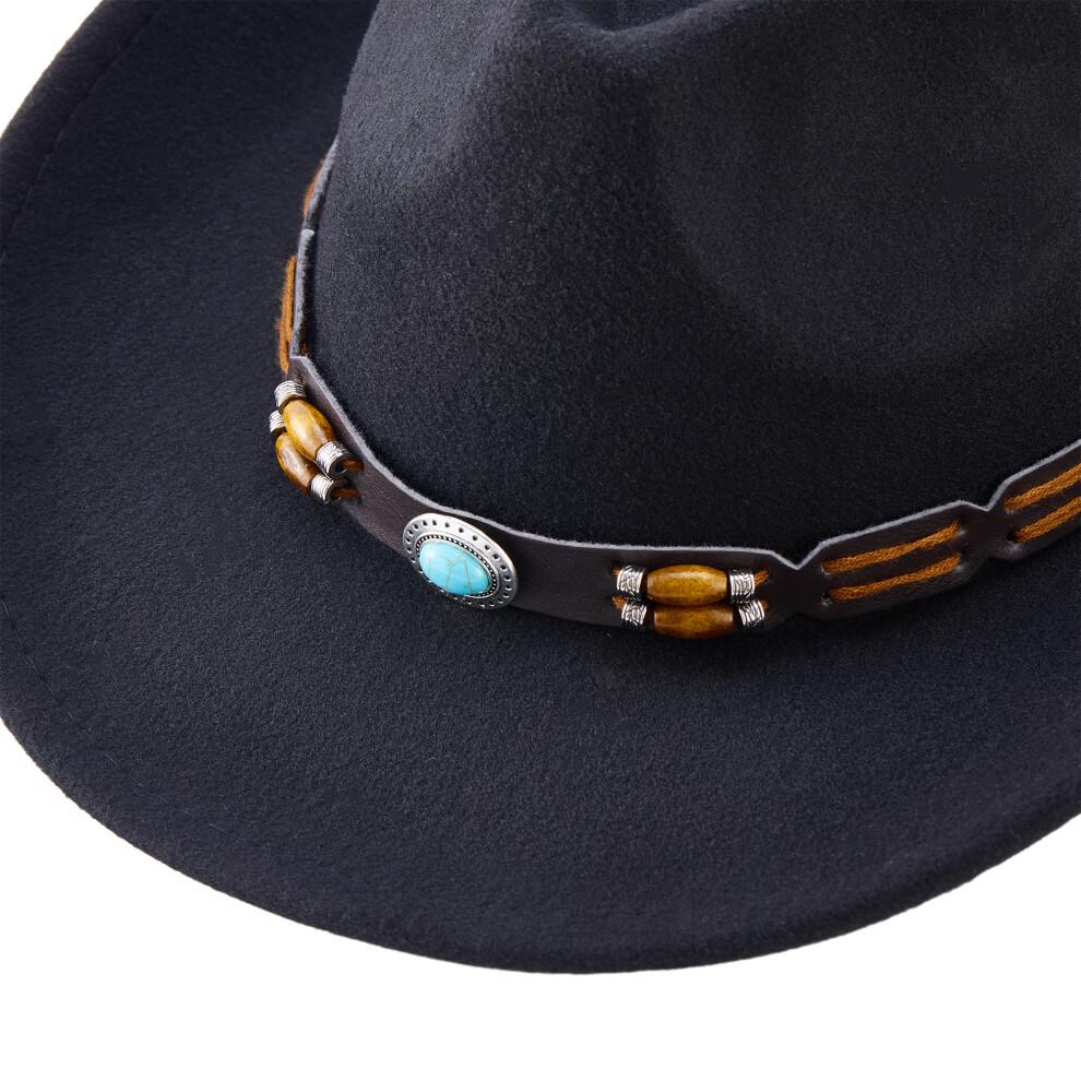 (One Size, Black) Western Cowboy Hat for Women Men Bohemian Cowgirl Hat with Beads Trim Outdoor Sun Hat