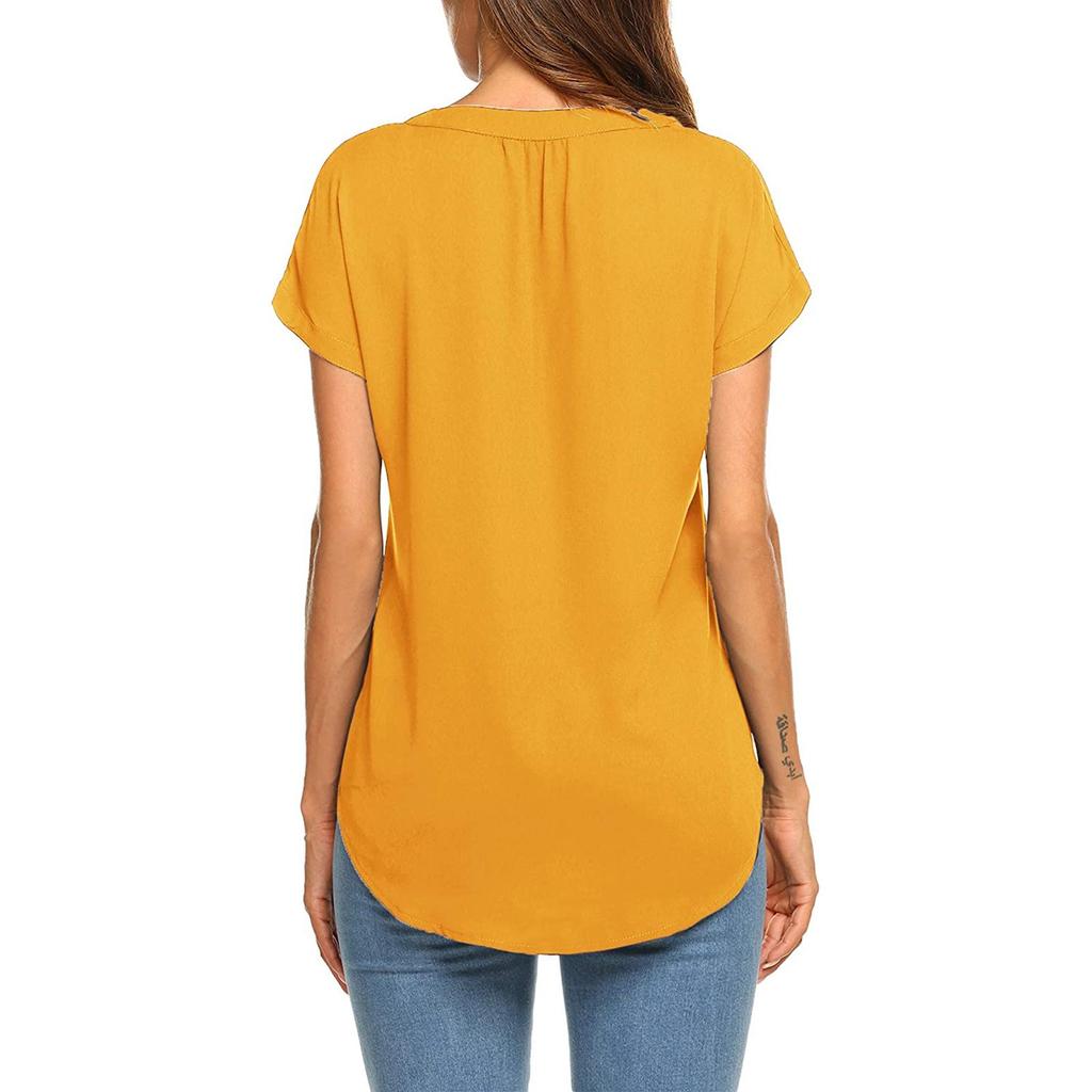 Модная женская летняя футболка с коротким рукавом и v-образным вырезом, шифоновая блузка, однотонная