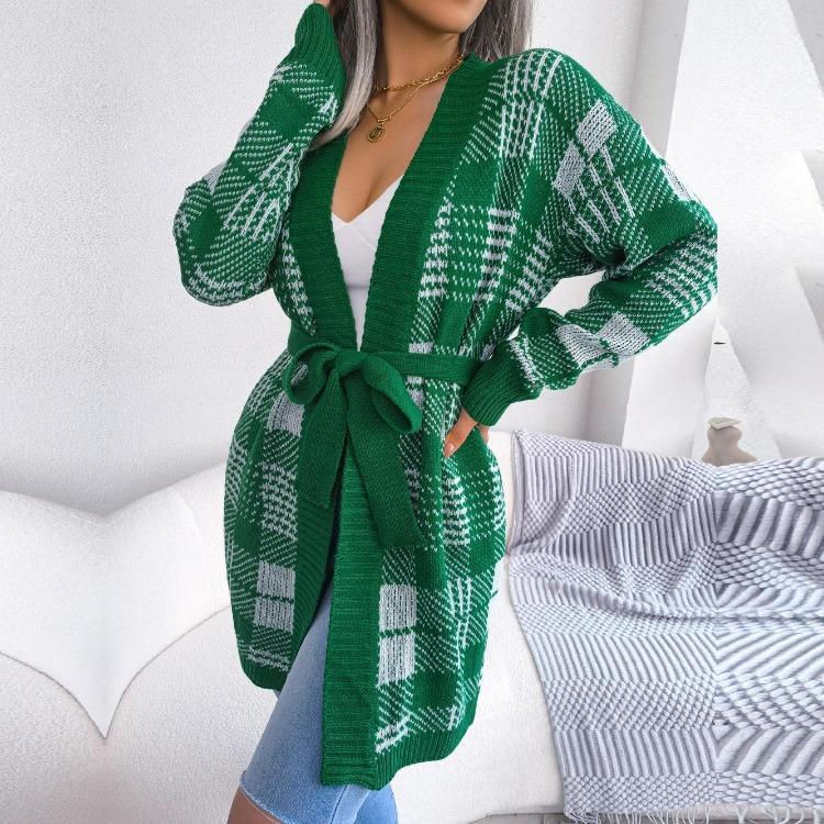 Plaid Lantern Sleeve Knitted Cardigan Sweater with Strap Design Women Autumn Winter
