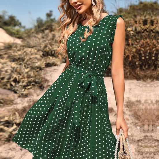 МОДА Женское платье с принтом в горошек, поясом, плиссированным подолом, круглым вырезом, рукавами-крылышками спереди, мини-платье