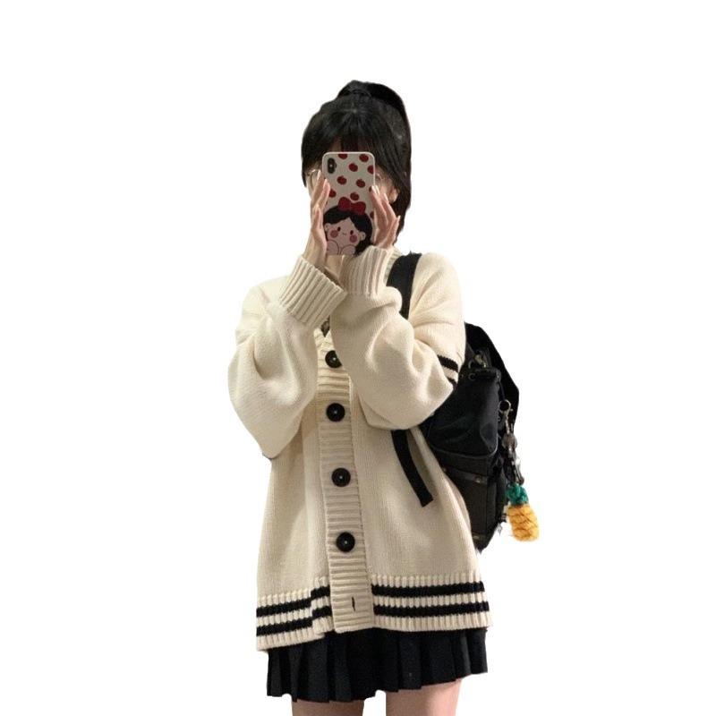 Повседневный женский свитер, весна-осень, корейский полосатый свободный кардиган с длинными рукавами и пуговицами, уличная одежда, Harajuku Y2K, женские вязаные пальто