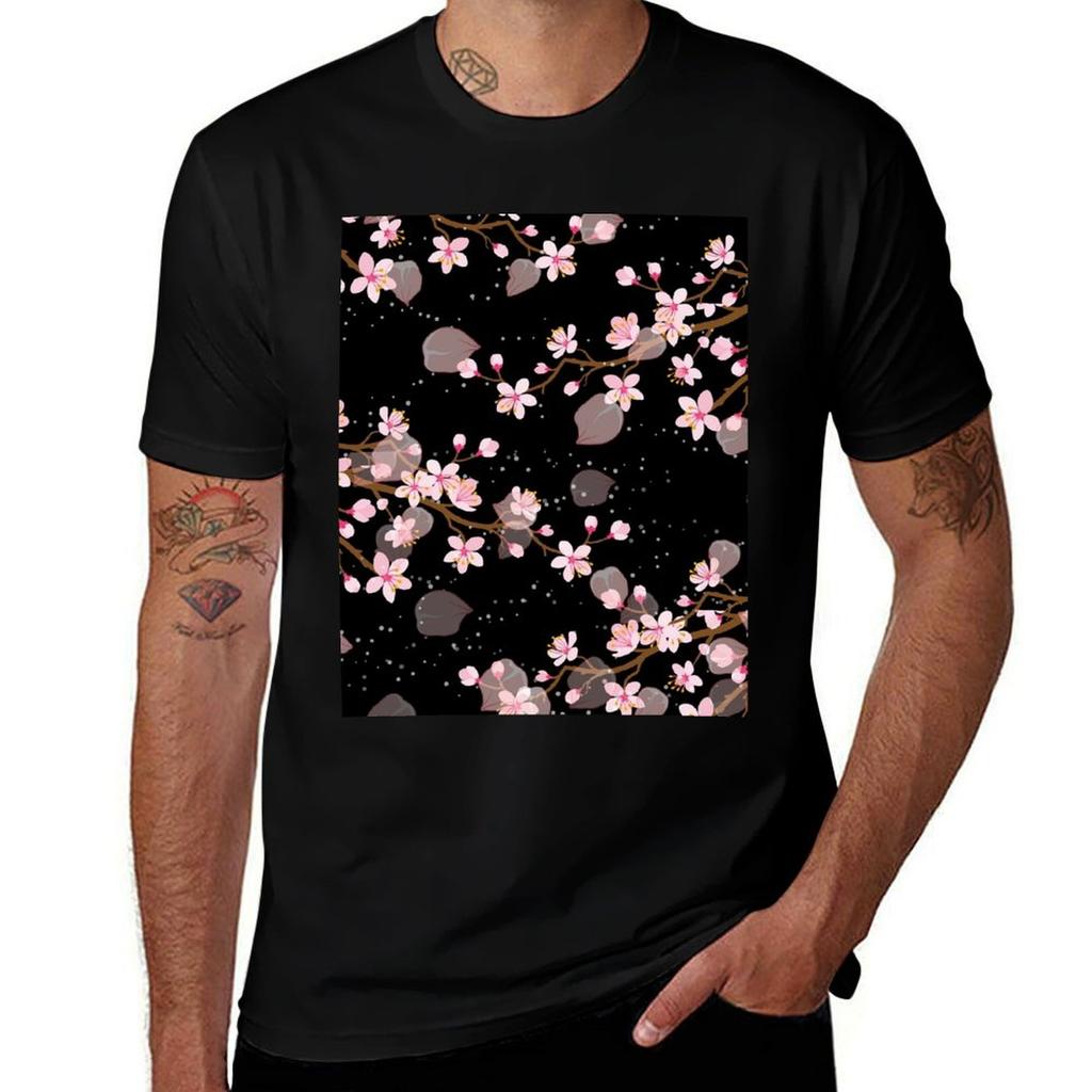 White And Pink Japanese Cherry Blossom Floral Seamless Repetition Pattern On Black TShirt