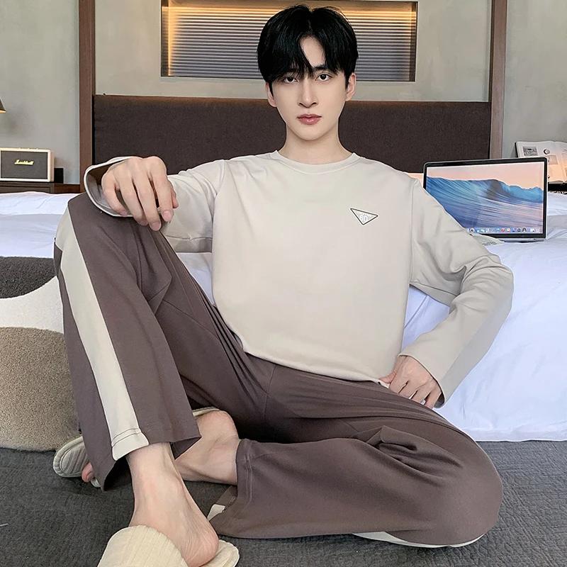 Мужской пижамный комплект Весна Хлопок Повседневная пижама Минималистский стиль Длинная домашняя одежда для отдыха Модная ночная одежда для мальчиков