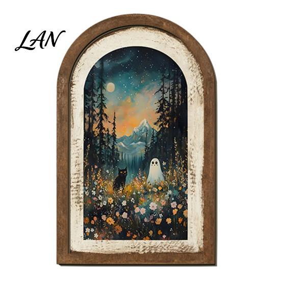 Decorative Shelf Ghost Art Halloween Wall Decor, Cute Table Sign, Vintage Arch Framed Tabletop Decoration Picture, for Mantel Living Room Bedroom