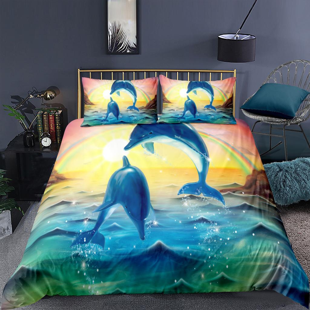 3D Dolphin Bedding Set Marine Animal Down Duvet Cover Pillowcase 2/3pc Birthday Gift King Queen Bed Cover Home Textile