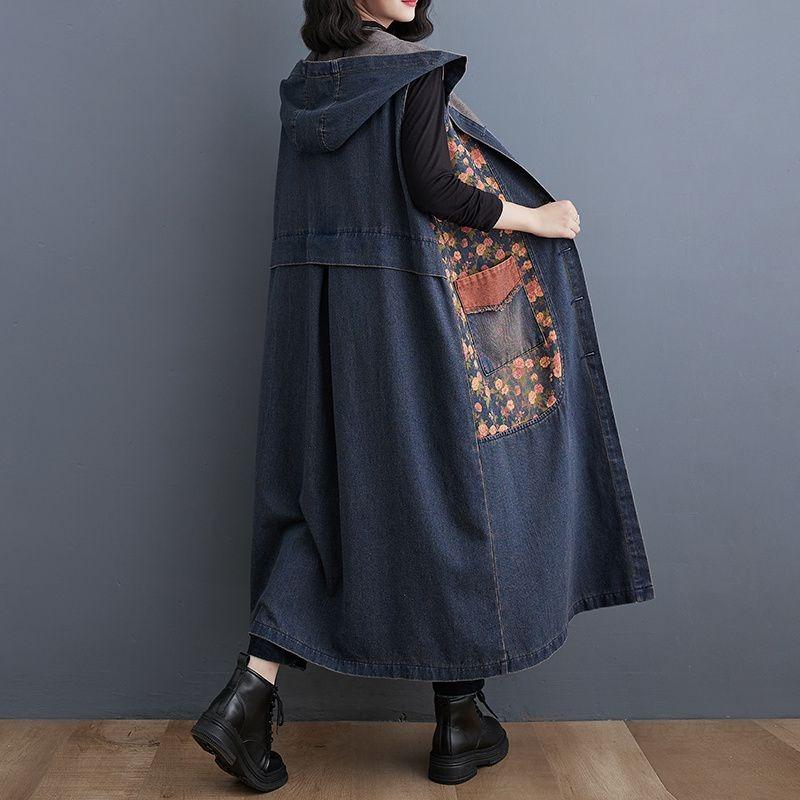 Hooded Long Denim Vest Coat Women's Slim Denim Jacket Retro Style Loose Casual Large Patchwork Pocket Design New Fashion Autumn