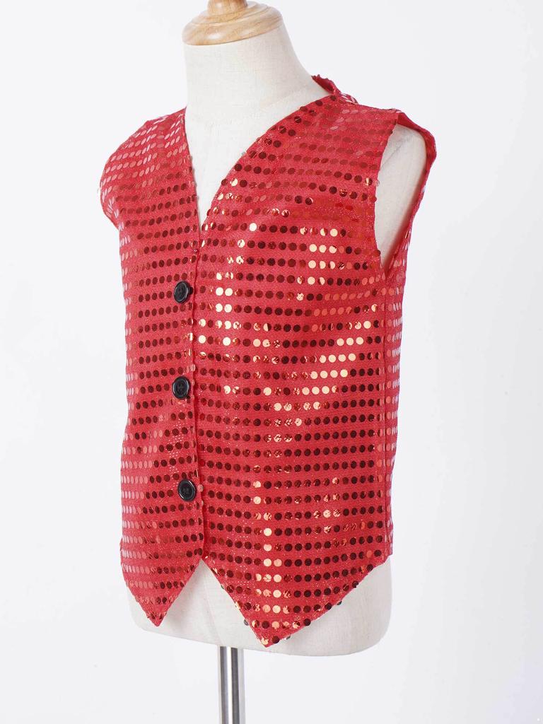 Boys Glittery Dance Vest Sleeveless V Neck Sequin Buttons Vest Set with Hat Bowtie for Jazz Stage Performances